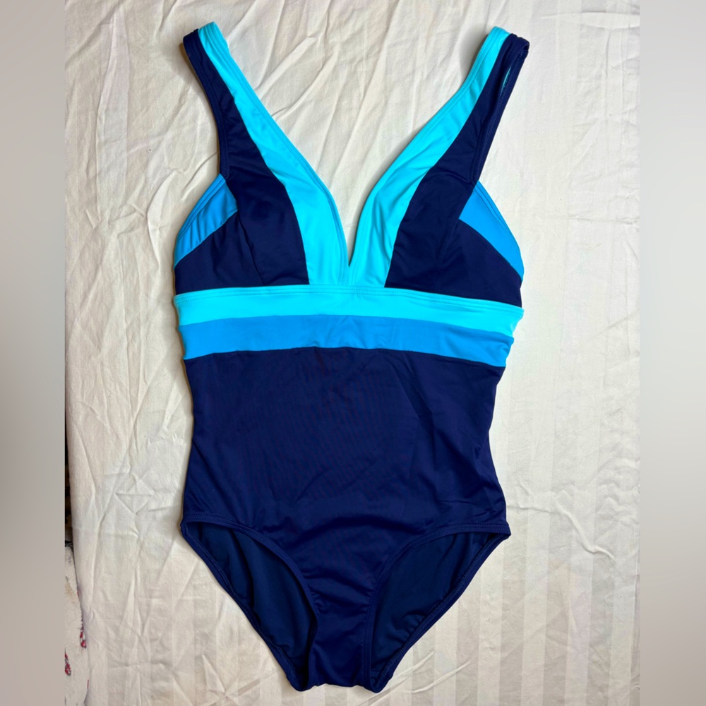 DKNY plunge V-neck one piece swimsuit- very flattering & good coverage